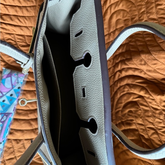 Tan Genuine Leather, Birkin-Inspired Tote with Gold Lock - Picture 11 of 12